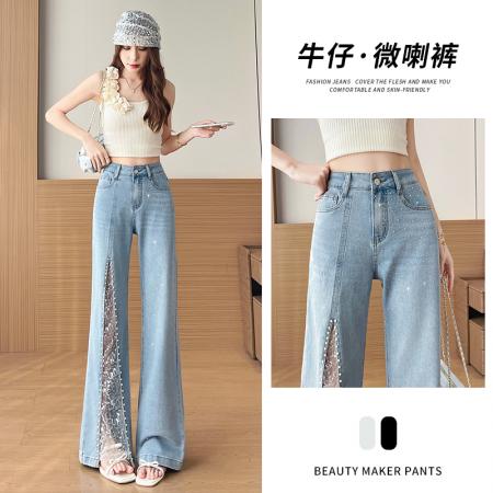 天丝烫钻开叉喇叭牛仔裤女夏薄款新款宽松百搭流行拖地裤 服裝批發女裝批發服飾貨源