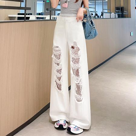 白色破洞阔腿牛仔裤女夏季新款高腰休闲宽松直筒镂空裤子 服裝批發女裝批發服飾貨源
