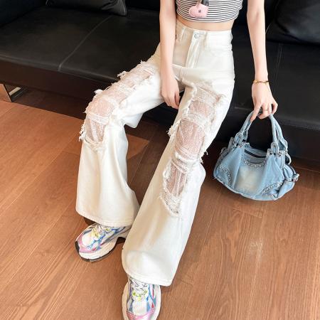 白色破洞阔腿牛仔裤女夏季新款高腰休闲宽松直筒镂空裤子 服裝批發女裝批發服飾貨源