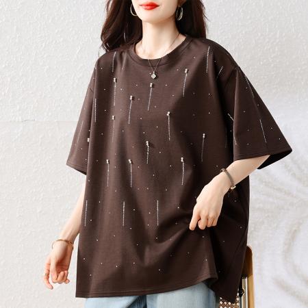 BY19907# 大码女装夏季新款圆领烫钻钉珠宽松短袖T恤上衣 服裝批發女裝批發服飾貨源