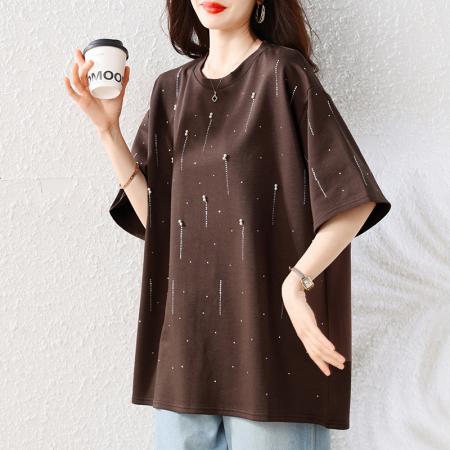 BY19907# 大码女装夏季新款圆领烫钻钉珠宽松短袖T恤上衣 服裝批發女裝批發服飾貨源