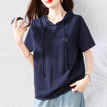 BY19908# 大码女装夏季新款时尚欧货连帽烫钻短袖宽松T恤女 服裝批發女裝批發服飾貨源