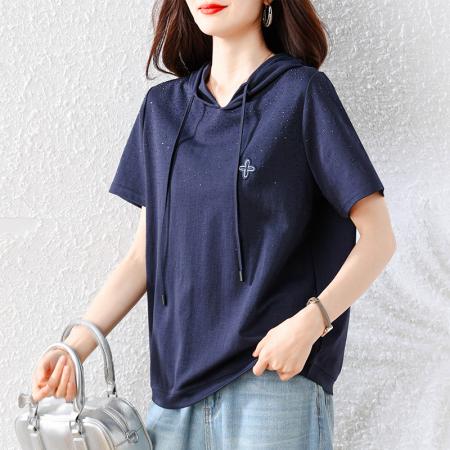 BY19908# 大码女装夏季新款时尚欧货连帽烫钻短袖宽松T恤女 服裝批發女裝批發服飾貨源