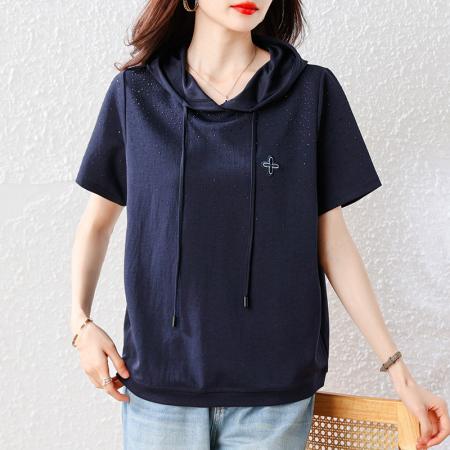 BY19908# 大码女装夏季新款时尚欧货连帽烫钻短袖宽松T恤女 服裝批發女裝批發服飾貨源