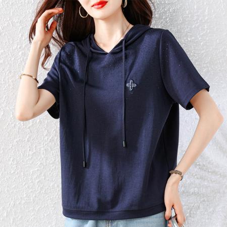 BY19908# 大码女装夏季新款时尚欧货连帽烫钻短袖宽松T恤女 服裝批發女裝批發服飾貨源
