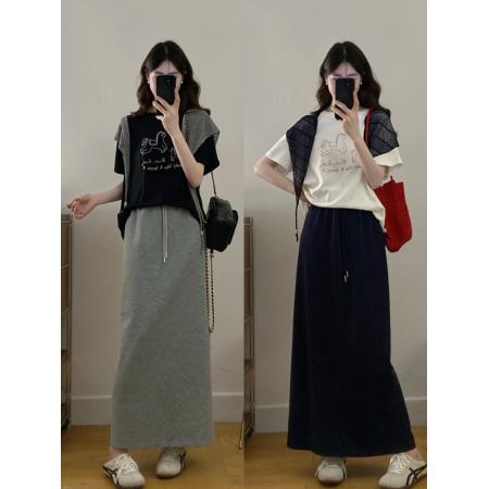 大码夏季韩系休闲宽松慵懒风小马印花短袖配披肩+半身裙套装 服裝批發女裝批發服飾貨源