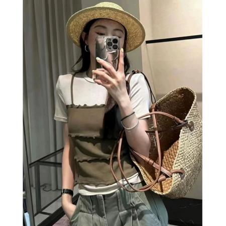 BY19914# 假两件吊带拼接短袖T恤女夏季韩版洋气显瘦休闲百搭叠穿上衣 服裝批發女裝批發服飾貨源