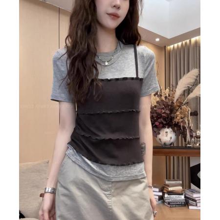 BY19914# 假两件吊带拼接短袖T恤女夏季韩版洋气显瘦休闲百搭叠穿上衣 服裝批發女裝批發服飾貨源