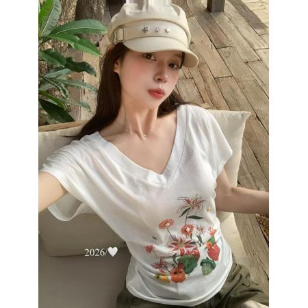 BY19916# 韩国东大门女装夏季新款洋气收腰V领碎花短袖T恤女百搭上衣 服裝批發女裝批發服飾貨源