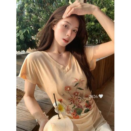 BY19916# 韩国东大门女装夏季新款洋气收腰V领碎花短袖T恤女百搭上衣 服裝批發女裝批發服飾貨源