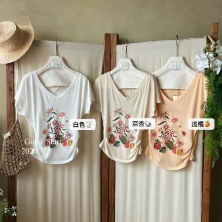 BY19916# 韩国东大门女装夏季新款洋气收腰V领碎花短袖T恤女百搭上衣 服裝批發女裝批發服飾貨源