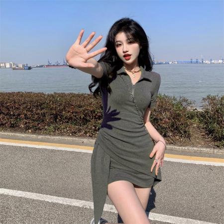 BY19917# 美式辣妹风POLO领连衣裙女新款设计感不规则修身显瘦裙子 服裝批發女裝批發服飾貨源