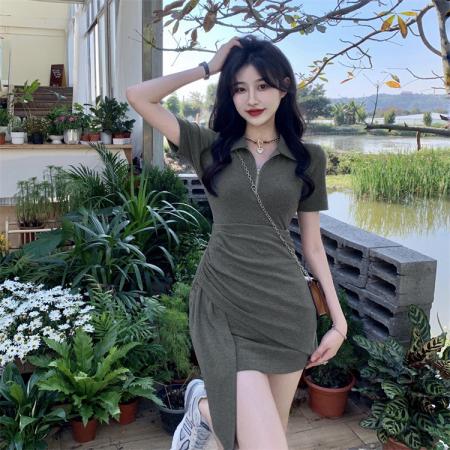 BY19917# 美式辣妹风POLO领连衣裙女新款设计感不规则修身显瘦裙子 服裝批發女裝批發服飾貨源