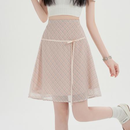 清新蝴蝶结绑带显瘦格子半身裙春夏新款 服裝批發女裝批發服飾貨源