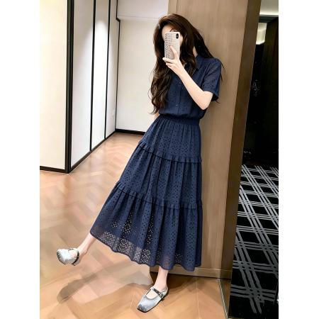 BY19920# 法式蓝色镂空衬衫连衣裙女夏季新款设计感小众别致收腰长裙 服裝批發女裝批發服飾貨源