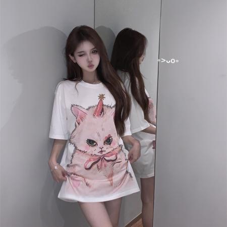 BY19930# 可爱猫咪印花宽松T恤 服裝批發女裝批發服飾貨源