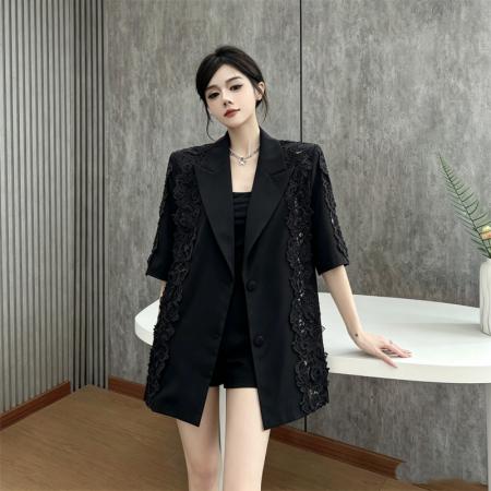 高级感花边蕾丝拼接西装外套女夏季新款镂空宽松上衣 服裝批發女裝批發服飾貨源