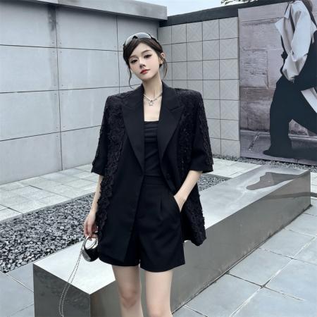 高级感花边蕾丝拼接西装外套女夏季新款镂空宽松上衣 服裝批發女裝批發服飾貨源
