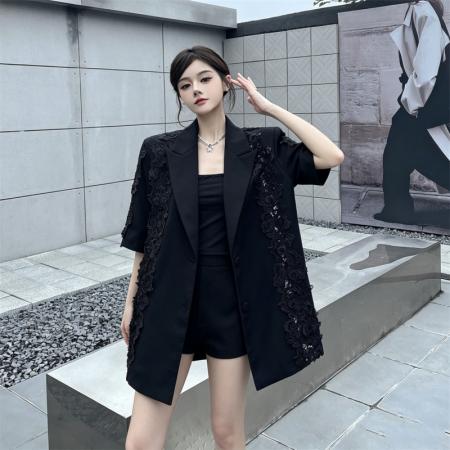高级感花边蕾丝拼接西装外套女夏季新款镂空宽松上衣 服裝批發女裝批發服飾貨源