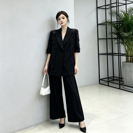 高级感花边蕾丝拼接西装外套女夏季新款镂空宽松上衣 服裝批發女裝批發服飾貨源