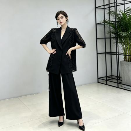 高级感花边蕾丝拼接西装外套女夏季新款镂空宽松上衣 服裝批發女裝批發服飾貨源