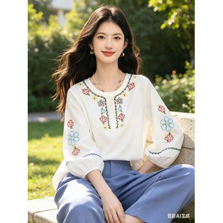 BY19933# 度假风彩色花卉刺绣七分袖T恤宽松灯笼袖文艺清新上衣 服裝批發女裝批發服飾貨源