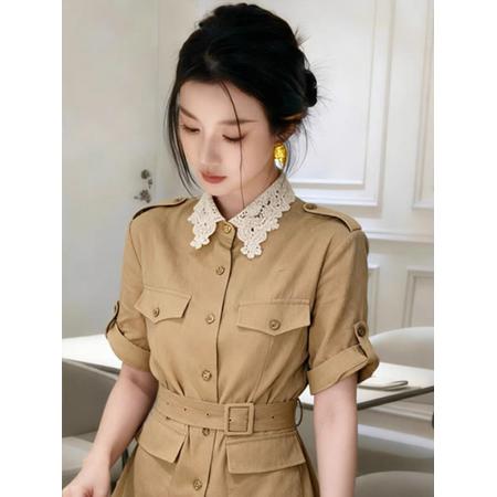 BY19935# 轻熟风蕾丝拼接卡其色短袖衬衫女新款轻奢高级感减龄上衣潮 服裝批發女裝批發服飾貨源