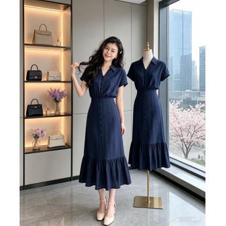 BY19940# 张阿星蓝调笔记藏青色miu系立体提花少女感减龄法式连衣裙 服裝批發女裝批發服飾貨源