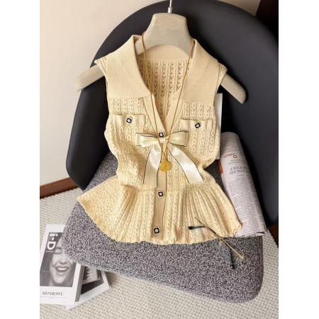 小香风蝴蝶结翻领镂空背心女冰丝针织衫法式小资裙摆上衣chic 服裝批發女裝批發服飾貨源