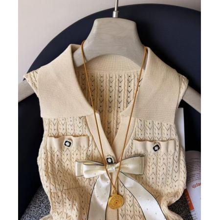 小香风蝴蝶结翻领镂空背心女冰丝针织衫法式小资裙摆上衣chic 服裝批發女裝批發服飾貨源