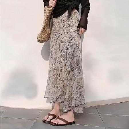 法式温柔风印花半身裙大码显瘦女春夏新款高级感长裙通勤气质 服裝批發女裝批發服飾貨源