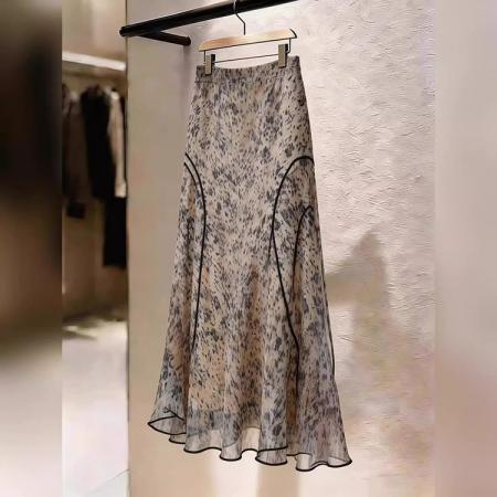 法式温柔风印花半身裙大码显瘦女春夏新款高级感长裙通勤气质 服裝批發女裝批發服飾貨源