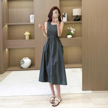 BY19950# 夏季无袖连衣裙女高腰收腰墨绿色中长裙大码 服裝批發女裝批發服飾貨源