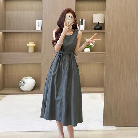 BY19950# 夏季无袖连衣裙女高腰收腰墨绿色中长裙大码 服裝批發女裝批發服飾貨源