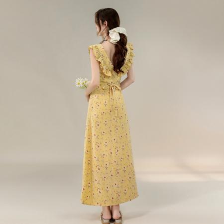 BY19952# 夏季爆款法式甜美减龄荷叶领收腰显瘦长款A字碎花连衣裙 服裝批發女裝批發服飾貨源