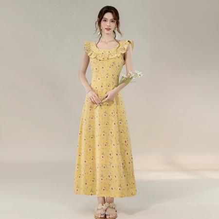 BY19952# 夏季爆款法式甜美减龄荷叶领收腰显瘦长款A字碎花连衣裙 服裝批發女裝批發服飾貨源