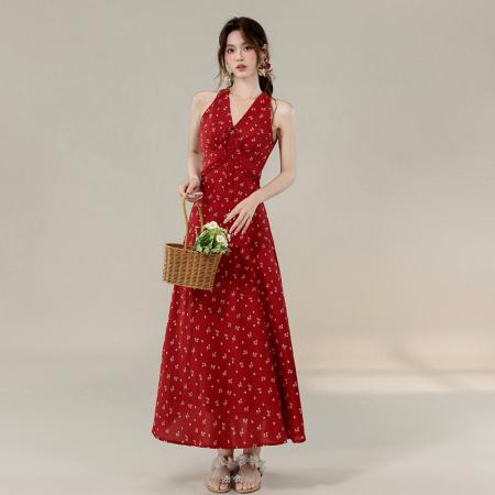 BY19953# 夏季新款法式V领精致优雅小女人红色碎花显瘦长款连衣裙 服裝批發女裝批發服飾貨源