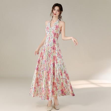 BY19955# 夏季新款美神降临南法度假风V领收腰显瘦长款印花连衣裙 服裝批發女裝批發服飾貨源