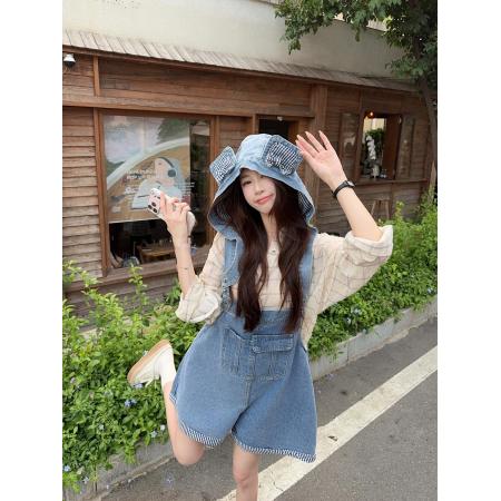 可卸帽减龄撞色背带牛仔短裤夏季小个子宽松阔腿裤 服裝批發女裝批發服飾貨源