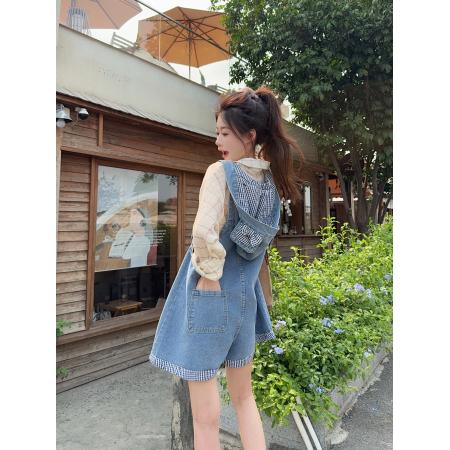 可卸帽减龄撞色背带牛仔短裤夏季小个子宽松阔腿裤 服裝批發女裝批發服飾貨源