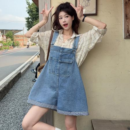 可卸帽减龄撞色背带牛仔短裤夏季小个子宽松阔腿裤 服裝批發女裝批發服飾貨源