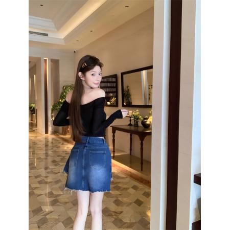 设计感不规则搭片拼接牛仔裙子辣妹时尚假两件毛边短裙 服裝批發女裝批發服飾貨源