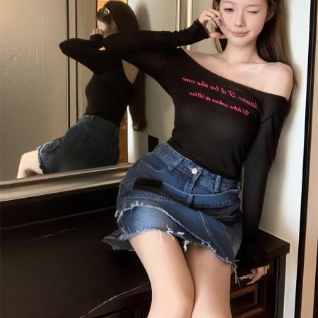 设计感不规则搭片拼接牛仔裙子辣妹时尚假两件毛边短裙 服裝批發女裝批發服飾貨源
