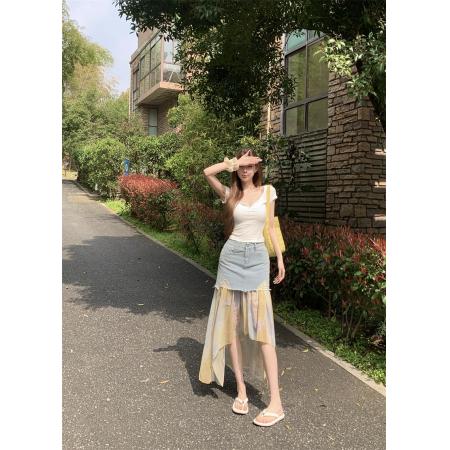 拼接牛仔半身裙女夏季新高腰破洞中长款a字包臀裙 服裝批發女裝批發服飾貨源