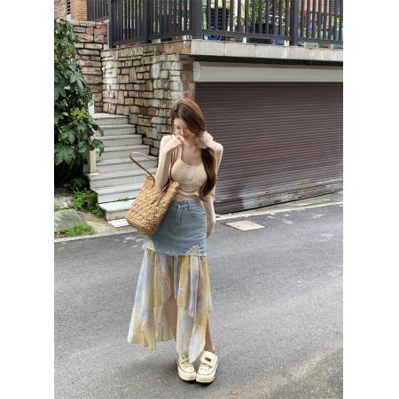拼接牛仔半身裙女夏季新高腰破洞中长款a字包臀裙 服裝批發女裝批發服飾貨源
