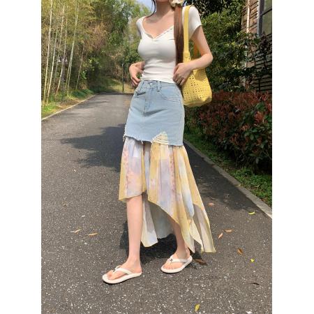 拼接牛仔半身裙女夏季新高腰破洞中长款a字包臀裙 服裝批發女裝批發服飾貨源