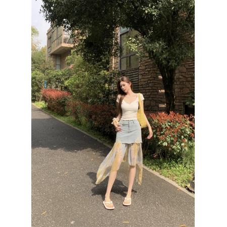 拼接牛仔半身裙女夏季新高腰破洞中长款a字包臀裙 服裝批發女裝批發服飾貨源