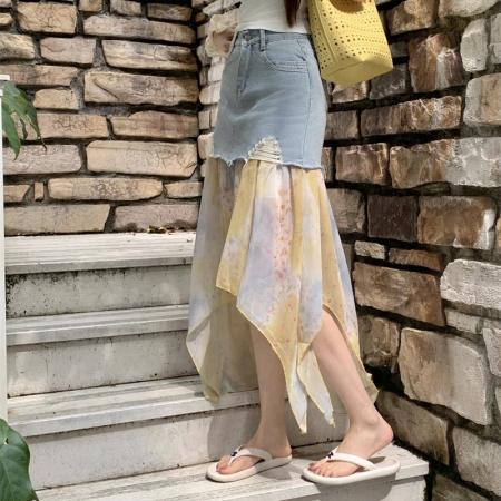 拼接牛仔半身裙女夏季新高腰破洞中长款a字包臀裙 服裝批發女裝批發服飾貨源