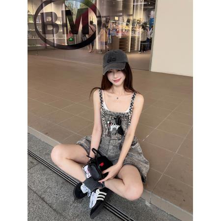 BY19967# 编织背带牛仔裤夏季复古美式宽松薄款阔腿短裤子 服裝批發女裝批發服飾貨源