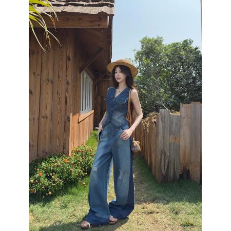 巨好看的套装夏季爆款高级感牛仔马甲破洞阔腿裤两件套 服裝批發女裝批發服飾貨源